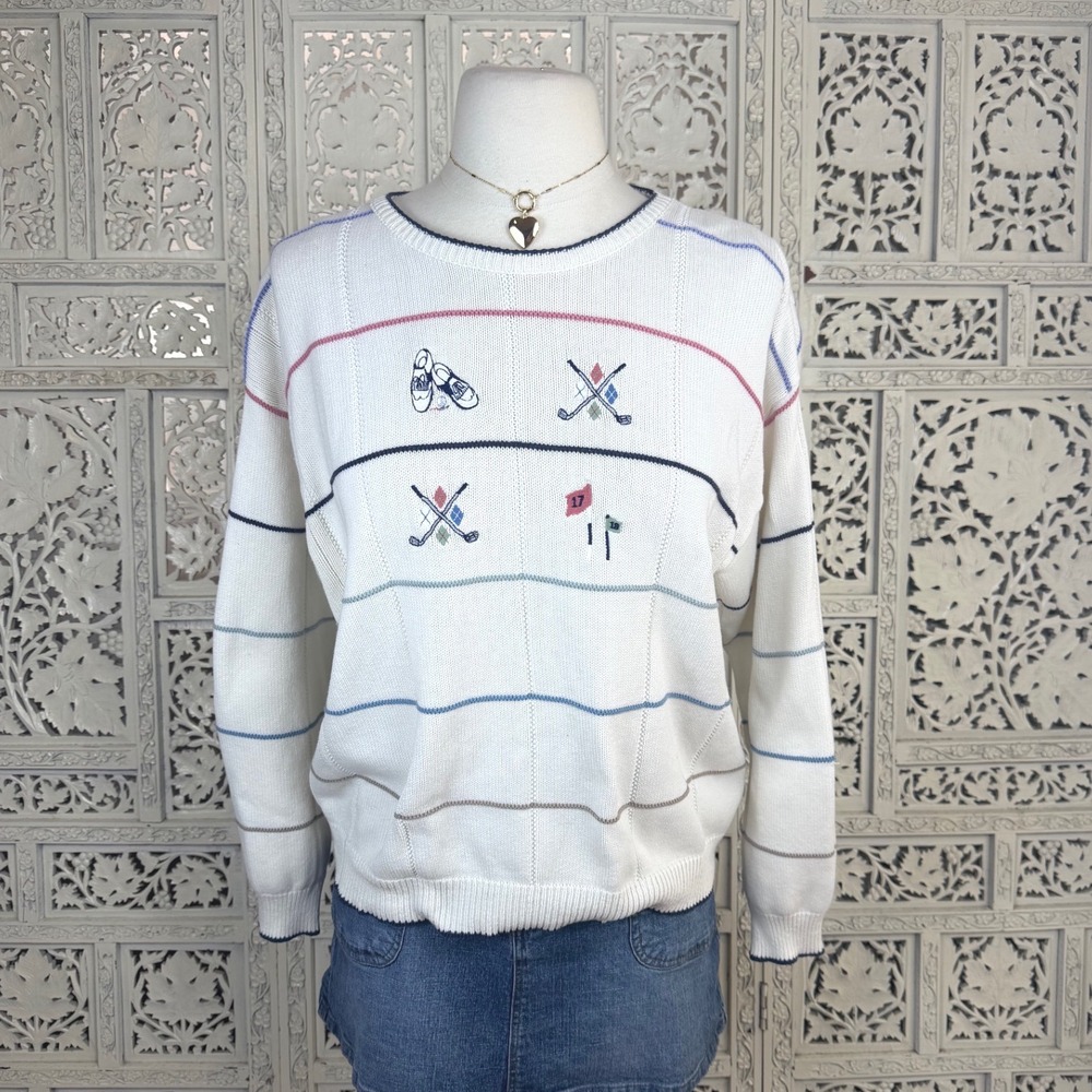 Vtg Isle Of Cotton Crewneck Golf Sweater Sz‎ S Preppy Twee Checkered 90's Sporty